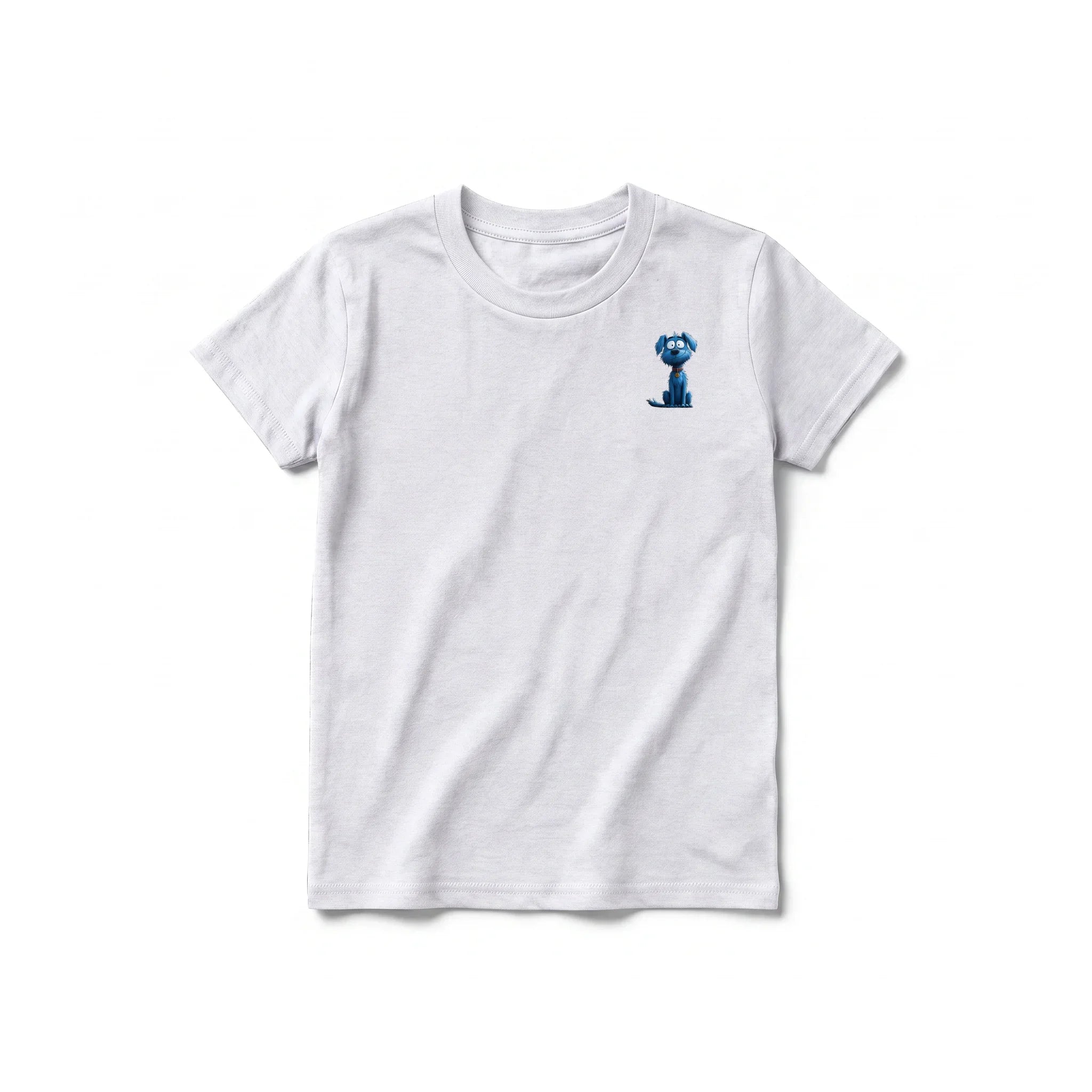 Un T-shirt gris cendré à manches courtes et col rond pour jeune, orné d'un motif représentant un chien sur la poitrine gauche.