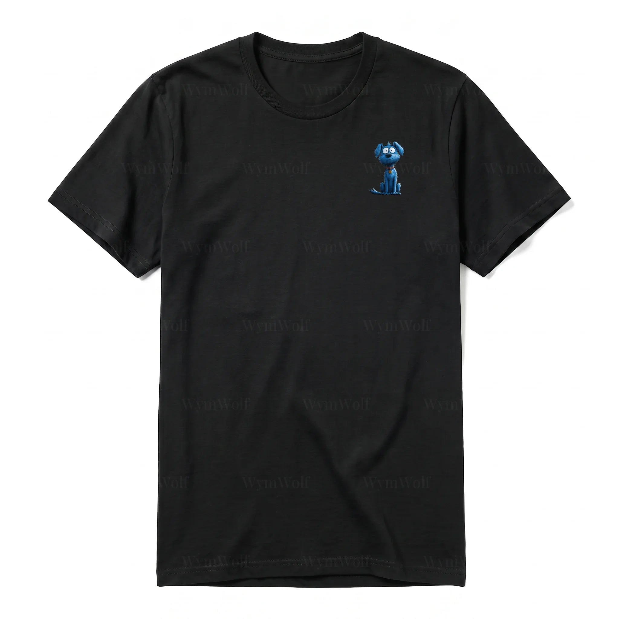 Un T-shirt noir à manches courtes et col rond, orné d'un motif représentant un chien sur la poitrine gauche.