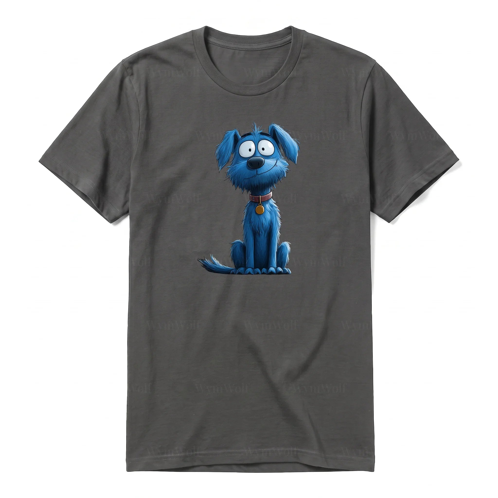 Un T-shirt charbon à manches courtes et col rond, orné d'un motif représentant un chien sur le devant.