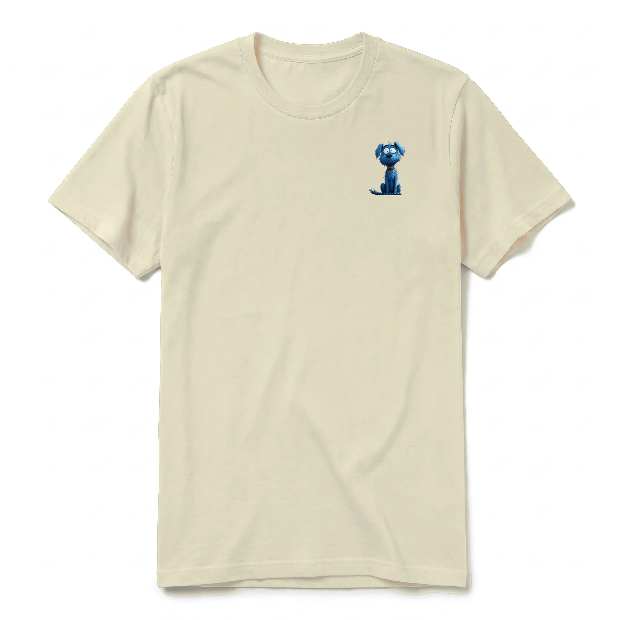Un T-shirt latte à manches courtes et col rond, orné d'un motif représentant un chien sur la poitrine gauche.