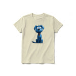 Un T-shirt latte à manches courtes et col rond pour jeune, orné d'un motif représentant un chien sur le devant.