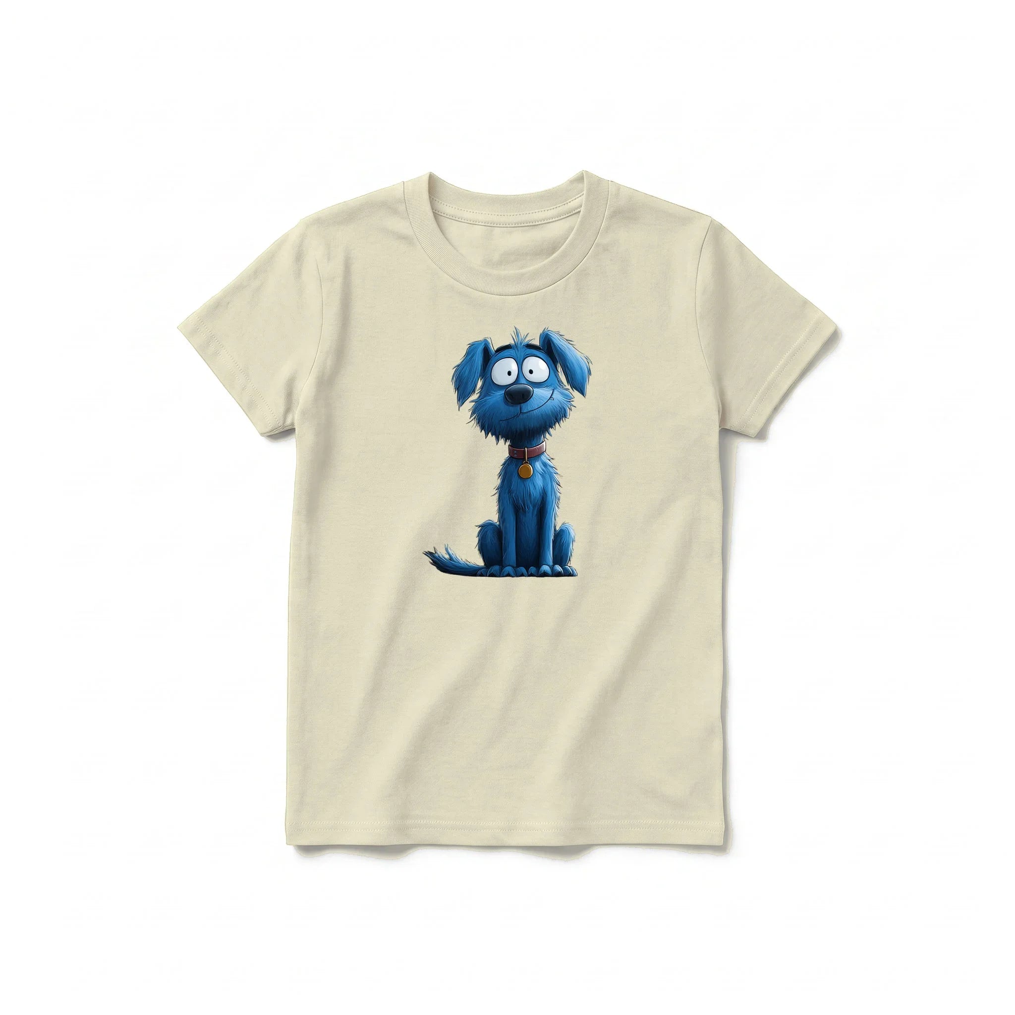 Un T-shirt latte à manches courtes et col rond pour jeune, orné d'un motif représentant un chien sur le devant.