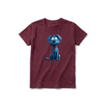 Un T-shirt marron à manches courtes et col rond pour jeune, orné d'un motif représentant un chien sur le devant.