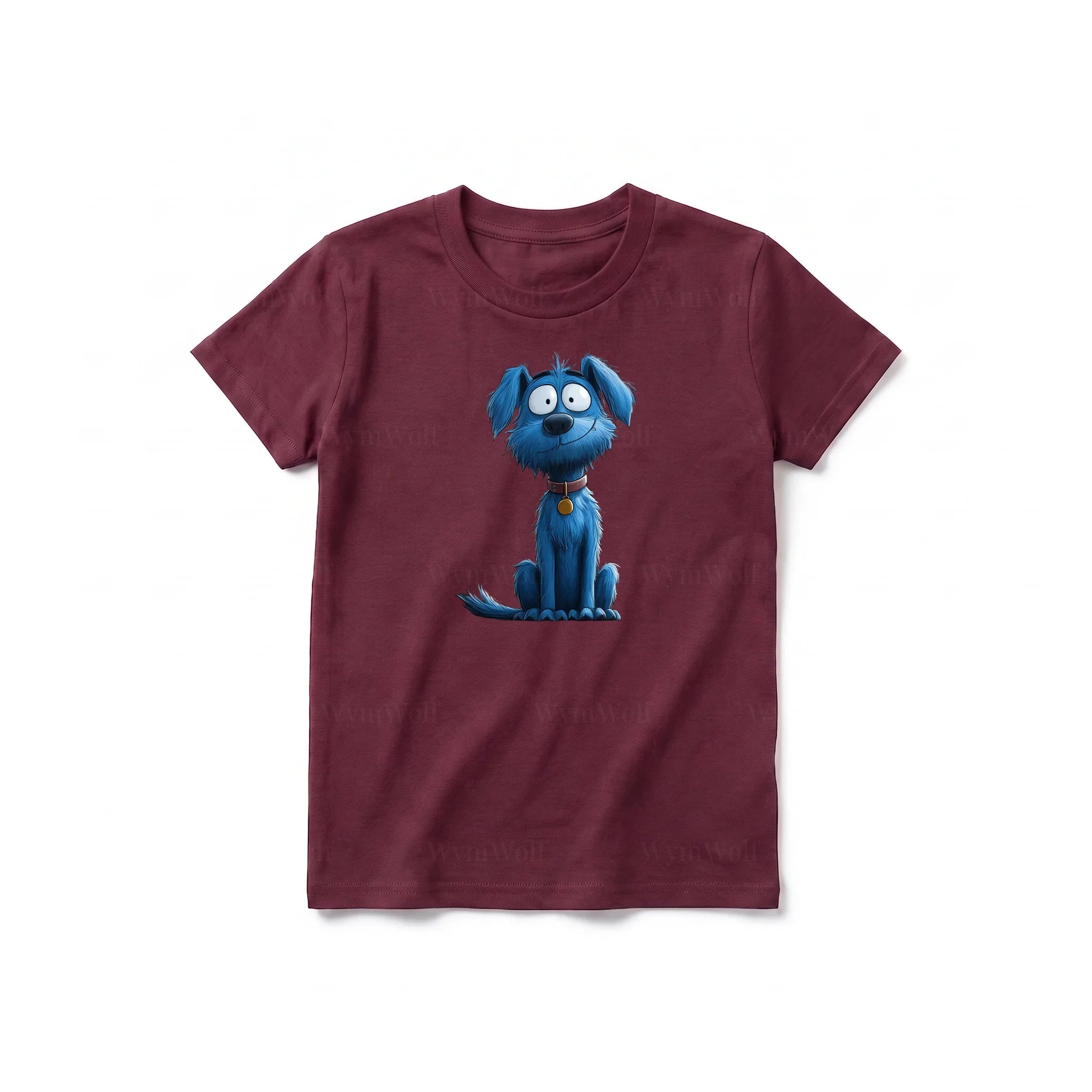 Un T-shirt marron à manches courtes et col rond pour jeune, orné d'un motif représentant un chien sur le devant.