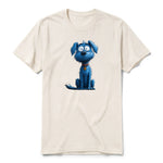 A vintage-white short-sleeve crewneck t-shirt for adult featuring a graphic of a dog on the front.