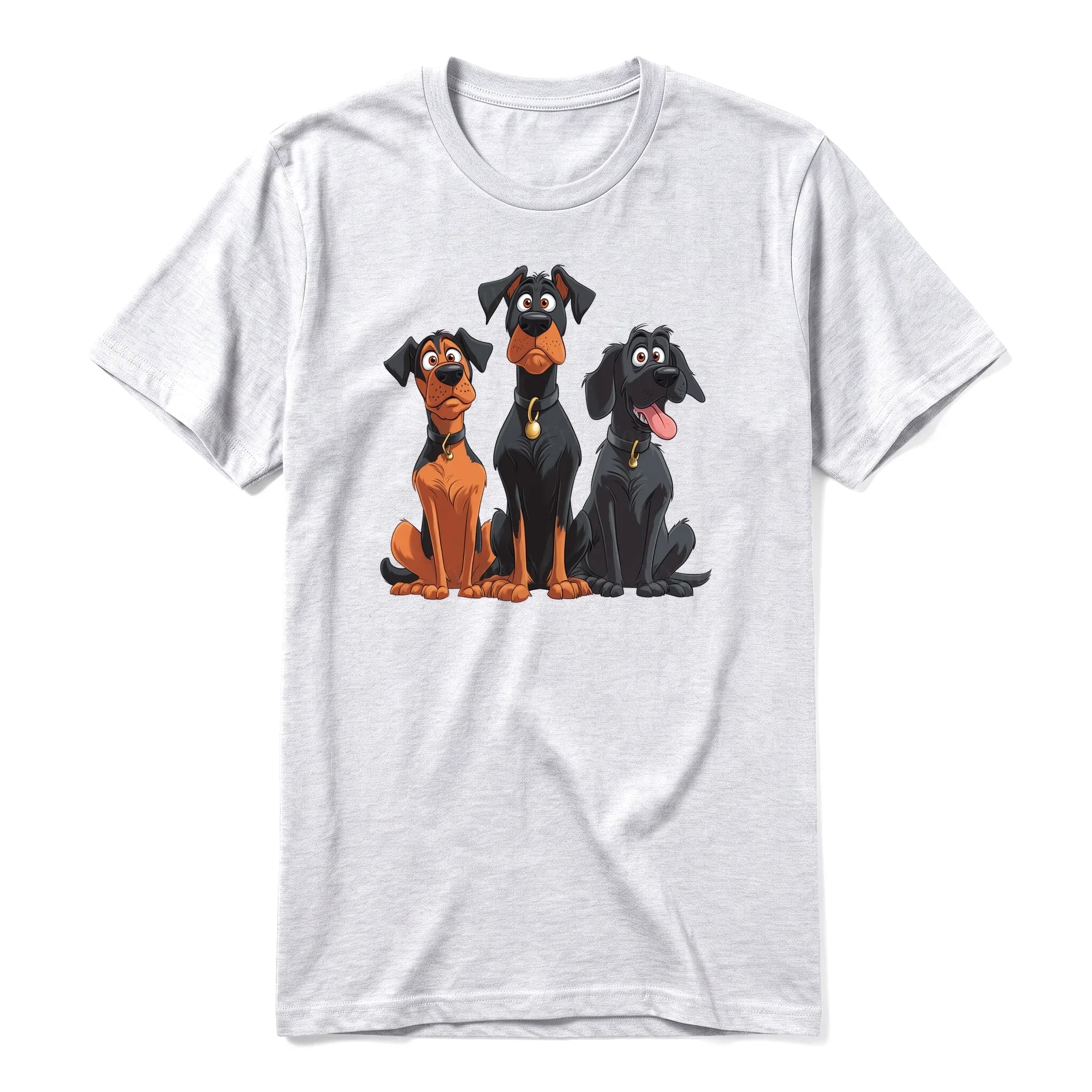 A ash grey short-sleeve crewneck t-shirt for adult featuring a graphic of a dog on the front.