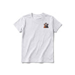 A ash grey short-sleeve crewneck t-shirt for youth featuring a graphic of a dog on the left chest.