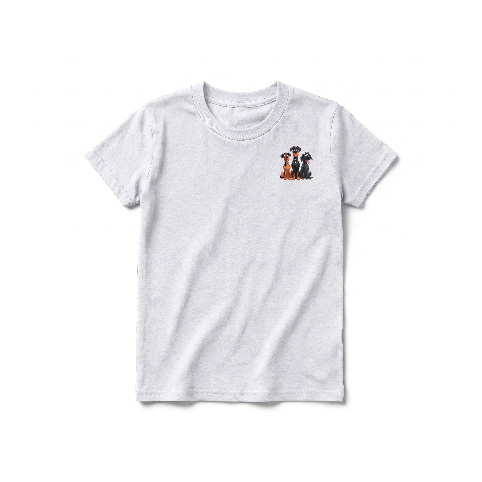 A ash grey short-sleeve crewneck t-shirt for youth featuring a graphic of a dog on the left chest.