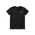 A black short-sleeve crewneck t-shirt for youth featuring a graphic of a dog on the left chest.