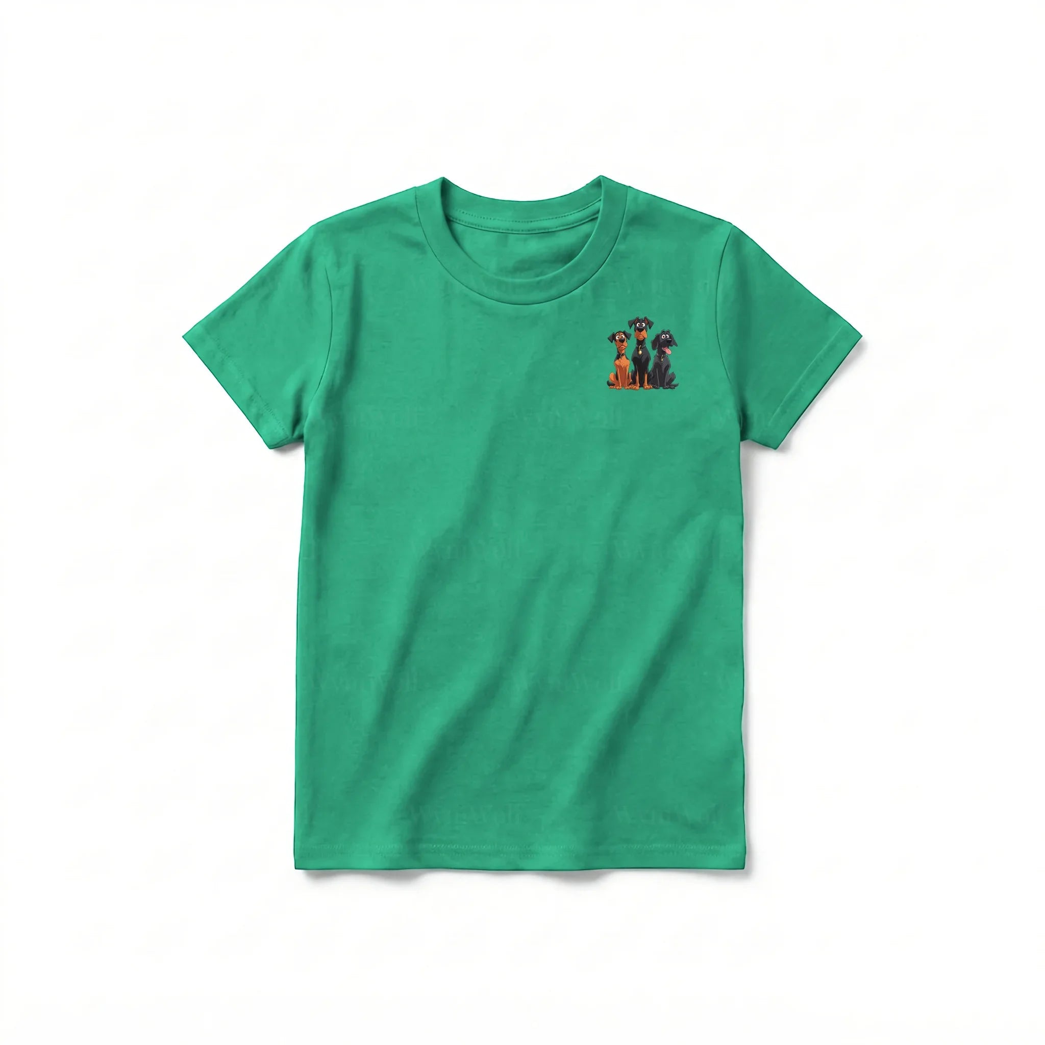 Un T-shirt kelly à manches courtes et col rond pour jeune, orné d'un motif représentant un chien sur la poitrine gauche.