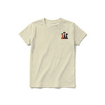 A latte short-sleeve crewneck t-shirt for youth featuring a graphic of a dog on the left chest.