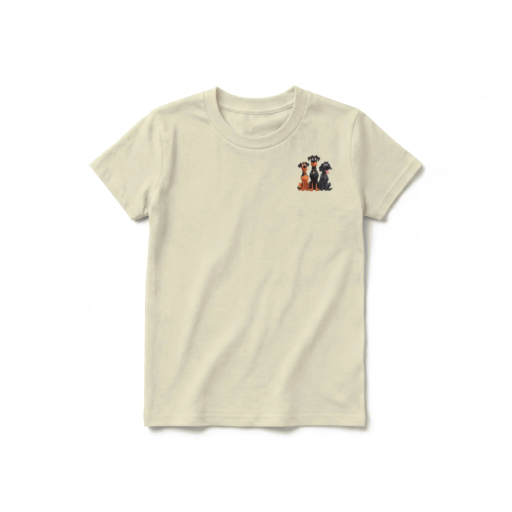 A latte short-sleeve crewneck t-shirt for youth featuring a graphic of a dog on the left chest.