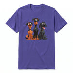 A purple short-sleeve crewneck t-shirt for adult featuring a graphic of a dog on the front.