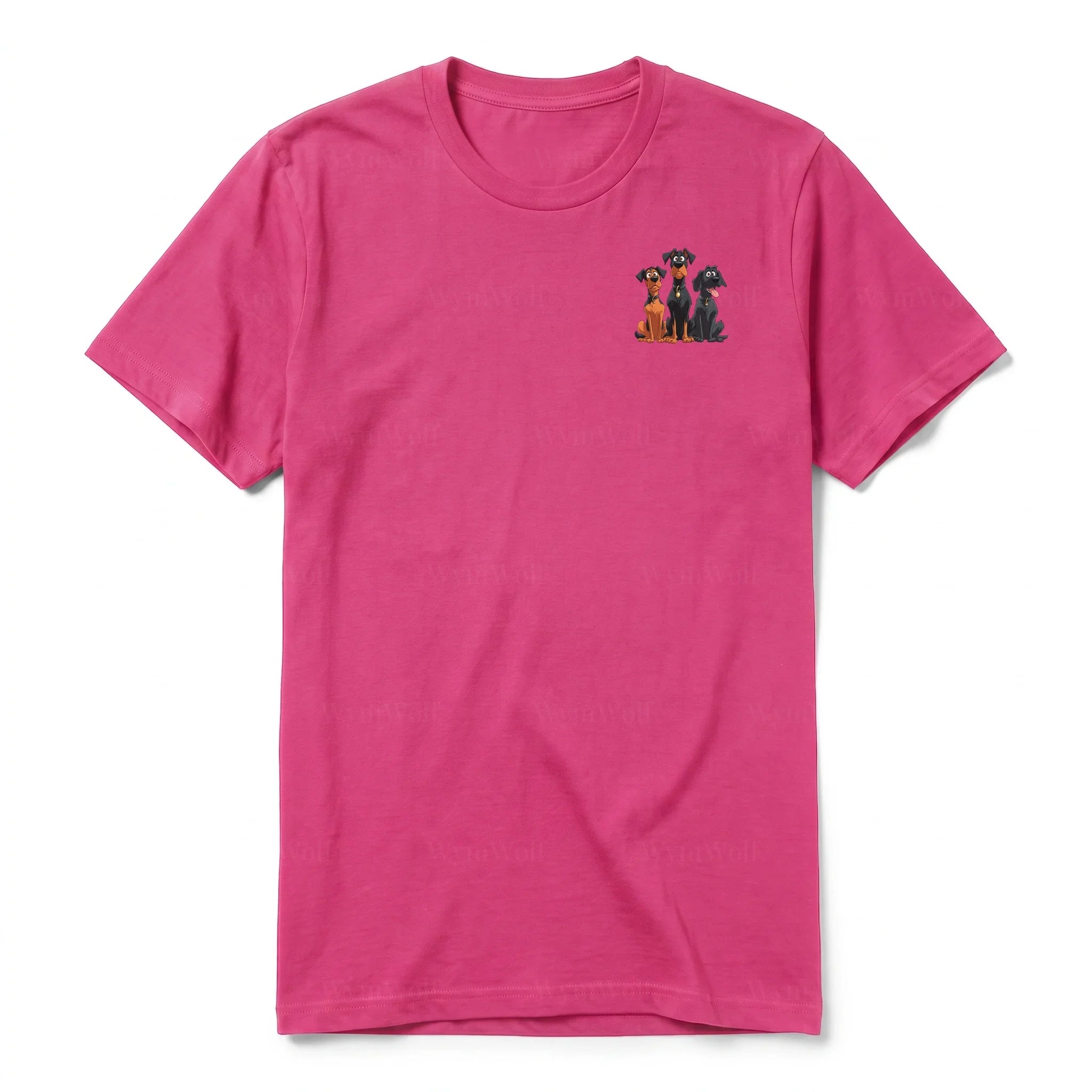 A raspberry short-sleeve crewneck t-shirt for adult featuring a graphic of a dog on the left chest.