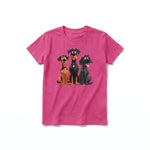 A raspberry short-sleeve crewneck t-shirt for youth featuring a graphic of a dog on the front.