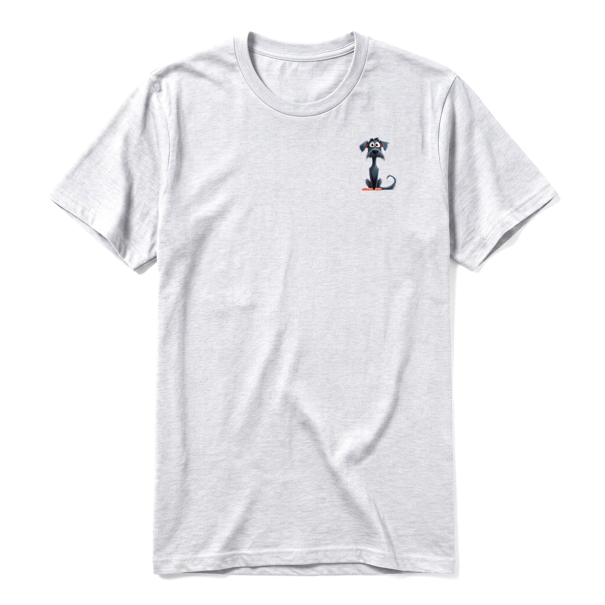 A ash grey short-sleeve crewneck t-shirt for adult featuring a graphic of a dog on the left chest.