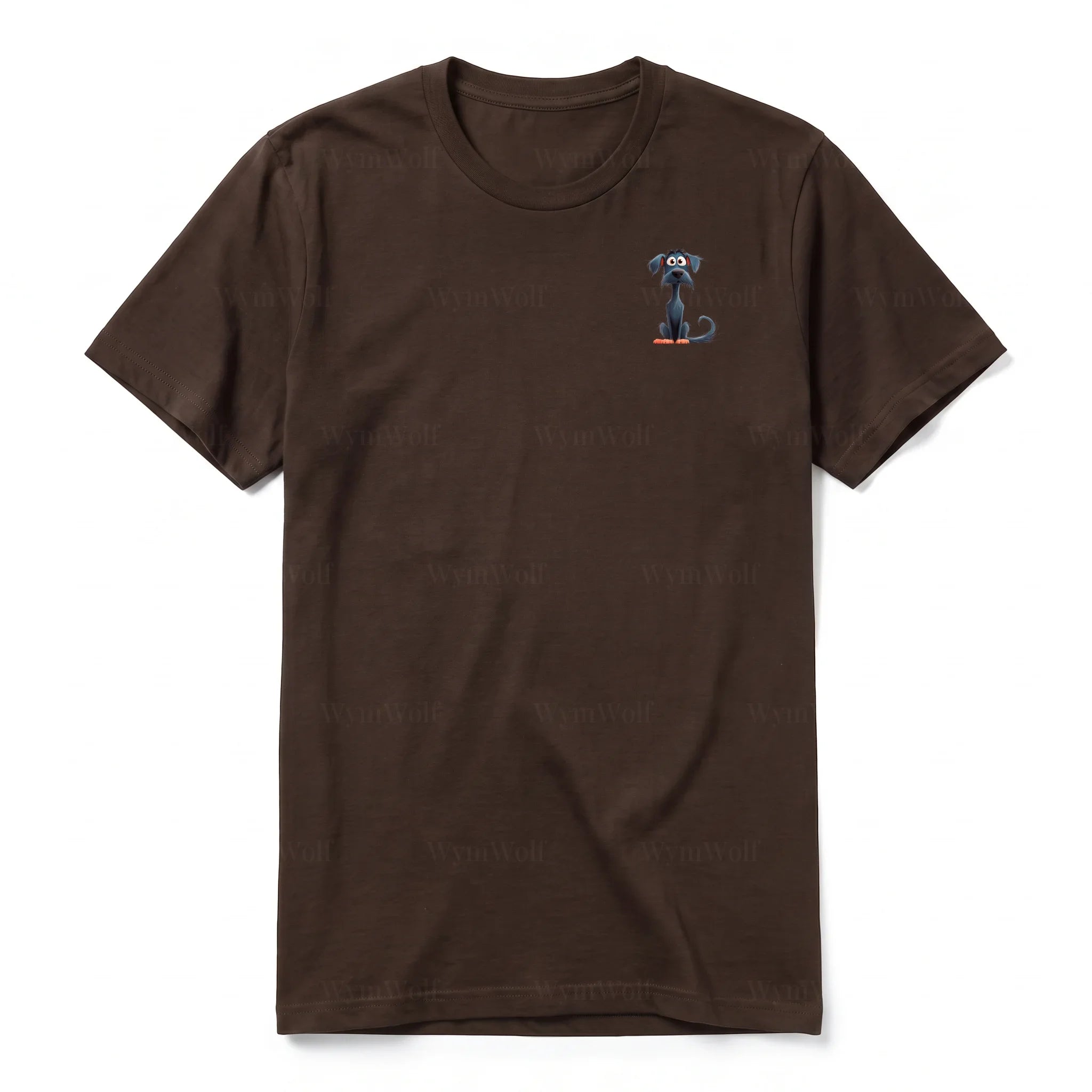 Un T-shirt chocolat à manches courtes et col rond, orné d'un motif représentant un chien sur la poitrine gauche.