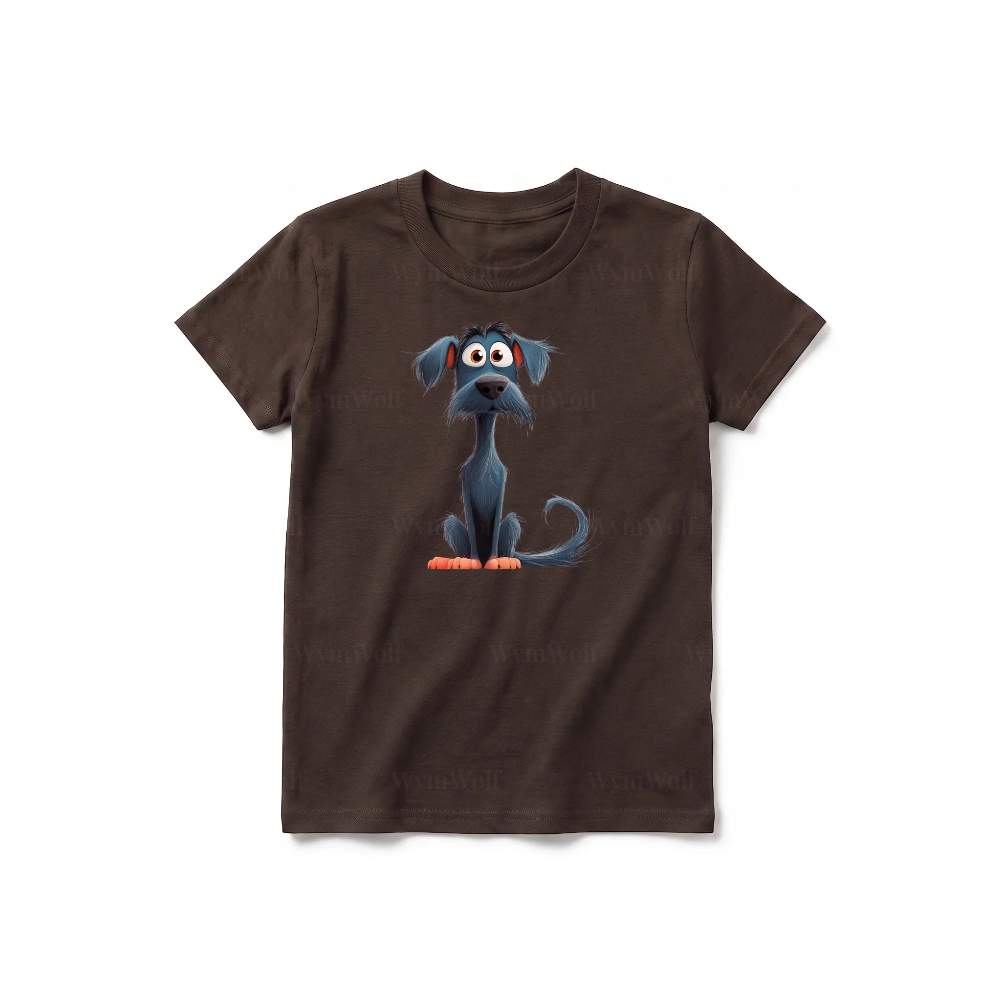Un T-shirt chocolat à manches courtes et col rond pour jeune, orné d'un motif représentant un chien sur le devant.