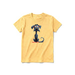 A mustard short-sleeve crewneck t-shirt for youth featuring a graphic of a dog on the front.