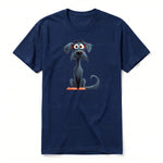 A navy short-sleeve crewneck t-shirt for adult featuring a graphic of a dog on the front.