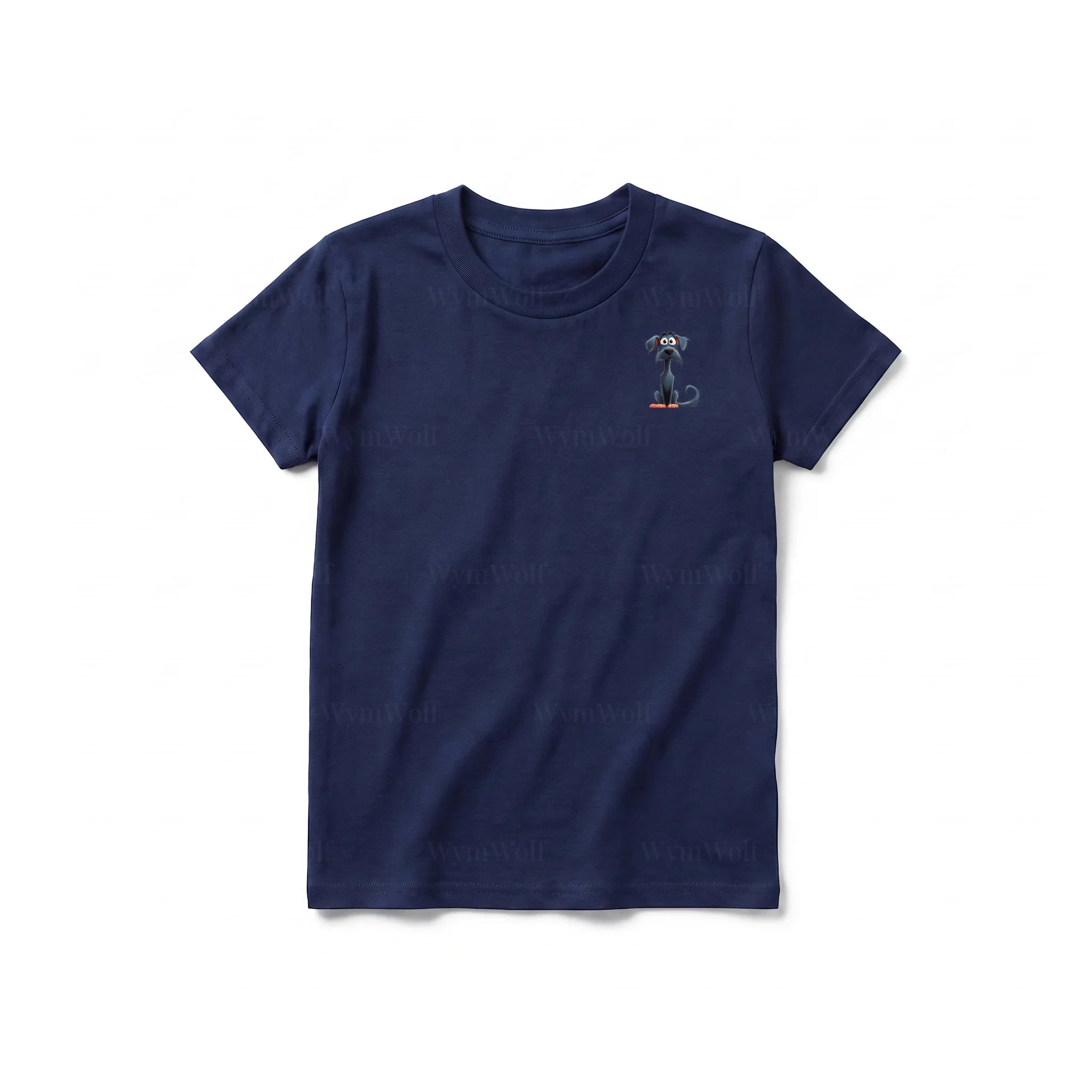A navy short-sleeve crewneck t-shirt for youth featuring a graphic of a dog on the left chest.