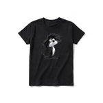 A black short-sleeve crewneck t-shirt for youth featuring a graphic of a dog on the front.