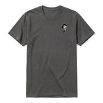A charcoal short-sleeve crewneck t-shirt for adult featuring a graphic of a dog on the left chest.