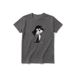 A charcoal short-sleeve crewneck t-shirt for youth featuring a graphic of a dog on the front.