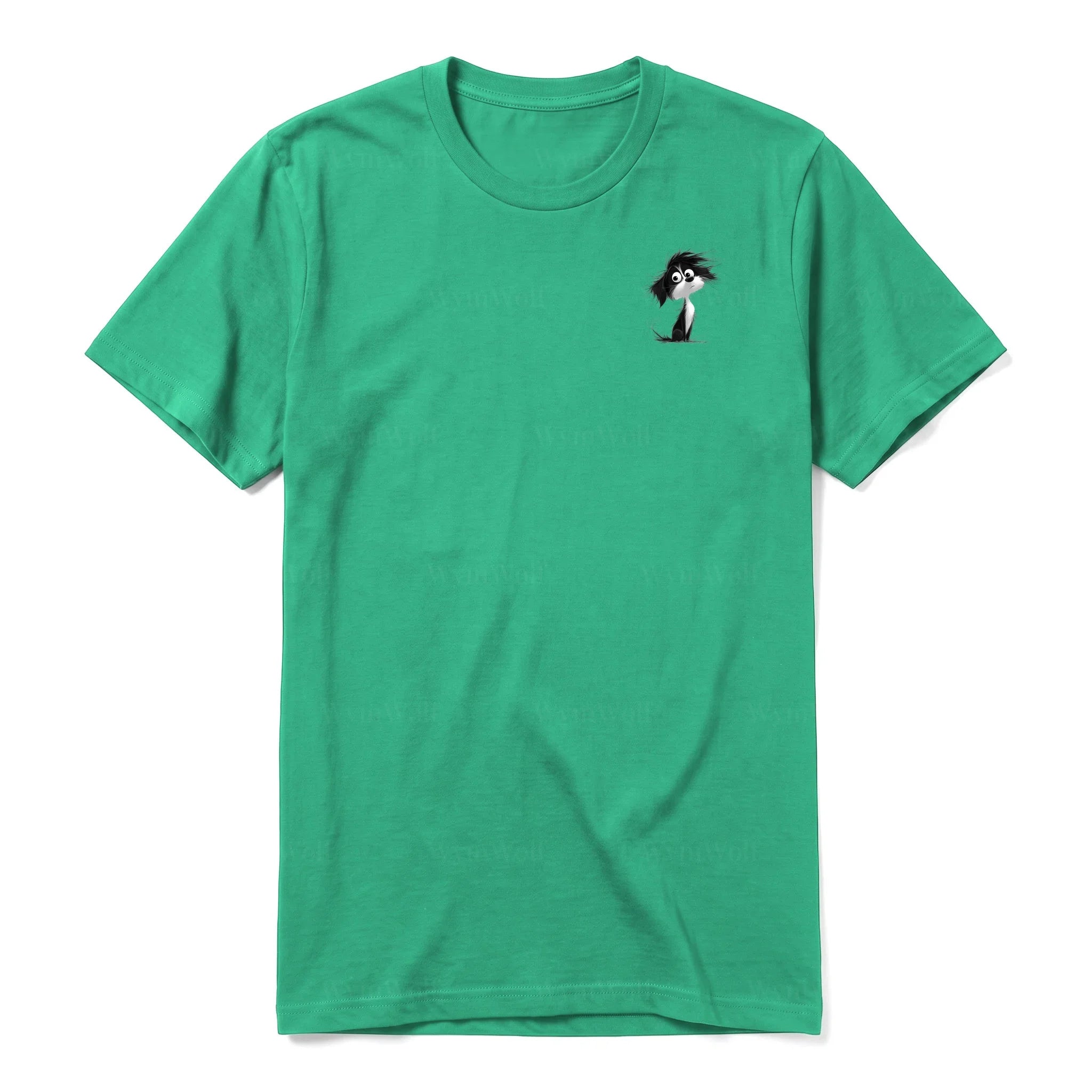 A kelly short-sleeve crewneck t-shirt for adult featuring a graphic of a dog on the left chest.