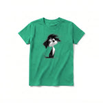 A kelly short-sleeve crewneck t-shirt for youth featuring a graphic of a dog on the front.