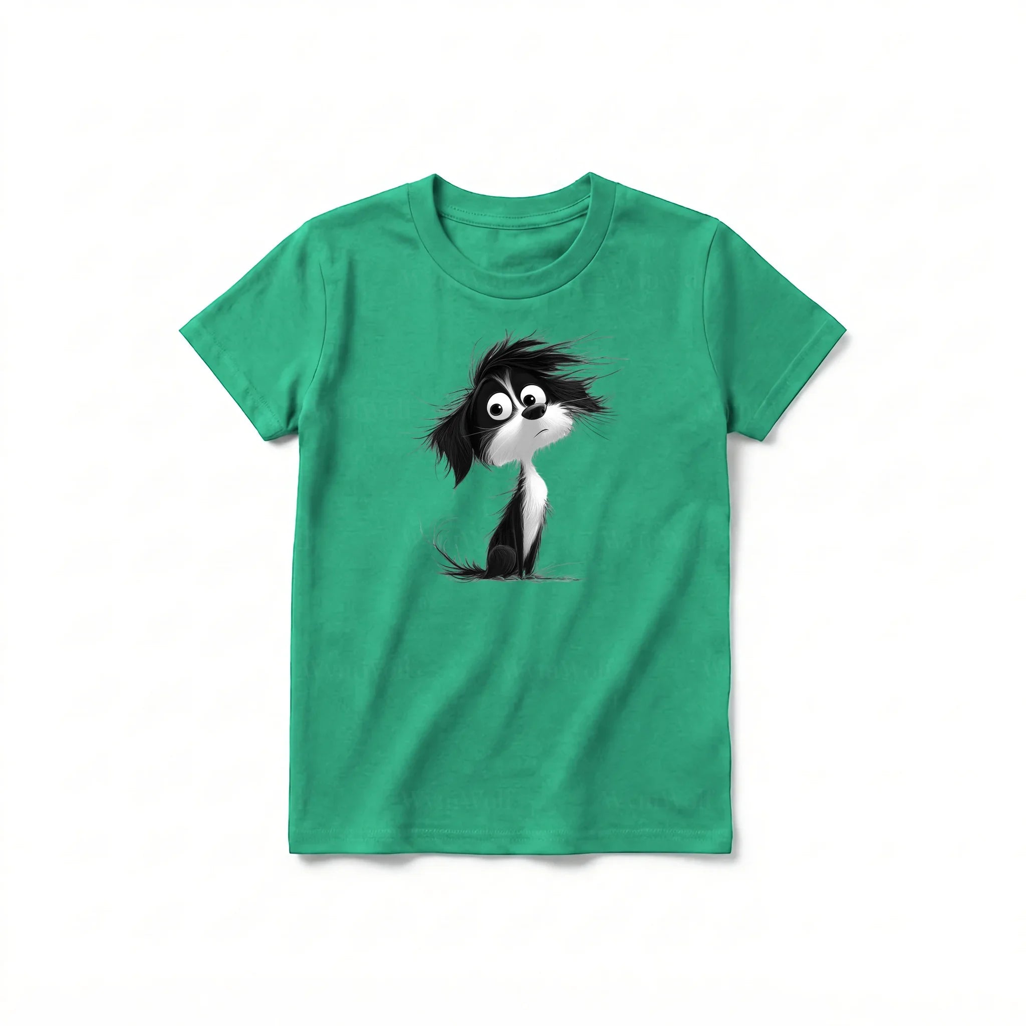 A kelly short-sleeve crewneck t-shirt for youth featuring a graphic of a dog on the front.