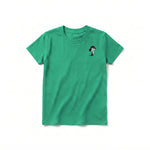 A kelly short-sleeve crewneck t-shirt for youth featuring a graphic of a dog on the left chest.