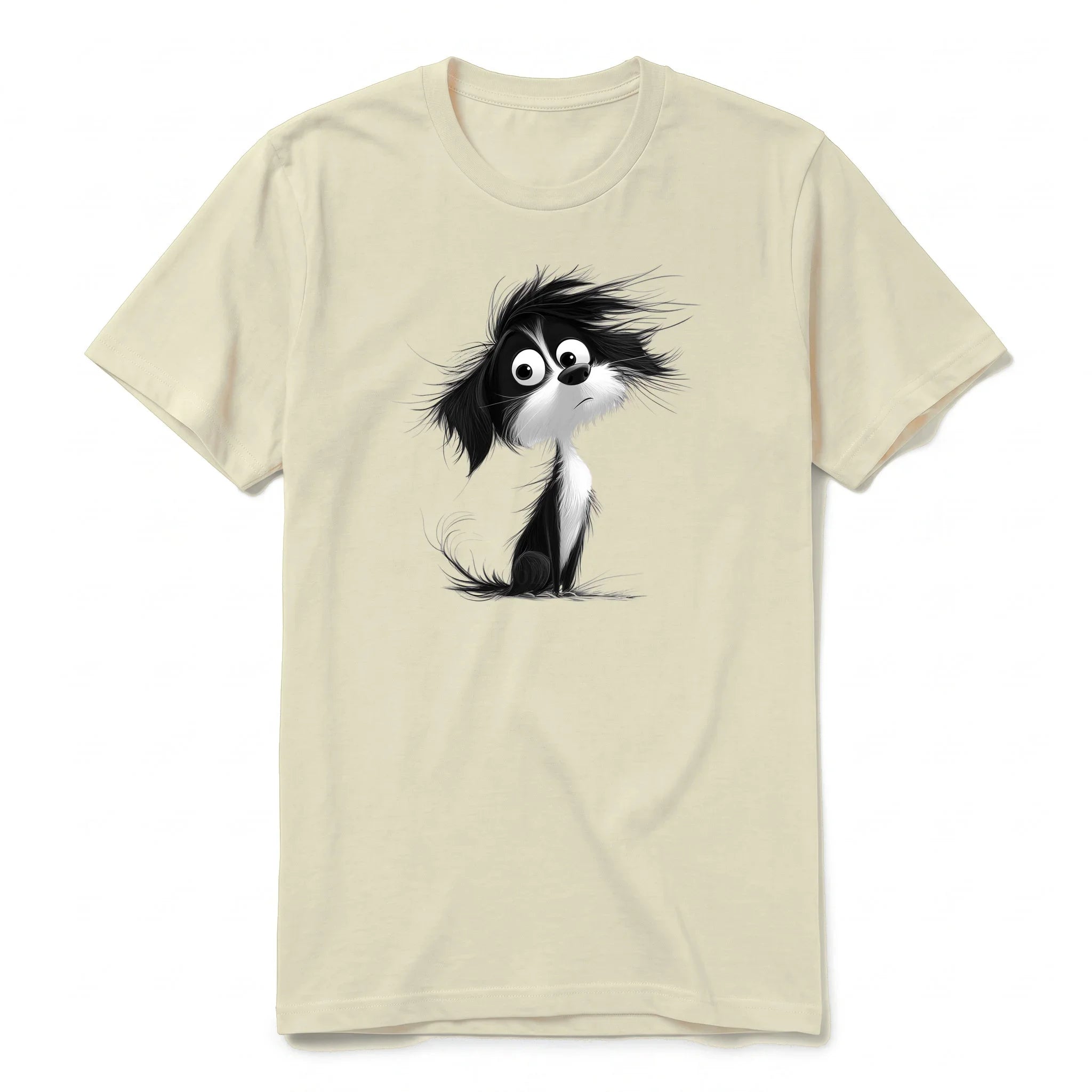 A latte short-sleeve crewneck t-shirt for adult featuring a graphic of a dog on the front.