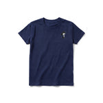 A navy short-sleeve crewneck t-shirt for youth featuring a graphic of a dog on the left chest.