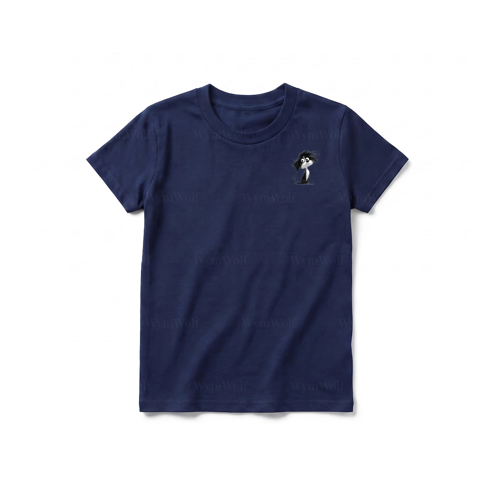 A navy short-sleeve crewneck t-shirt for youth featuring a graphic of a dog on the left chest.