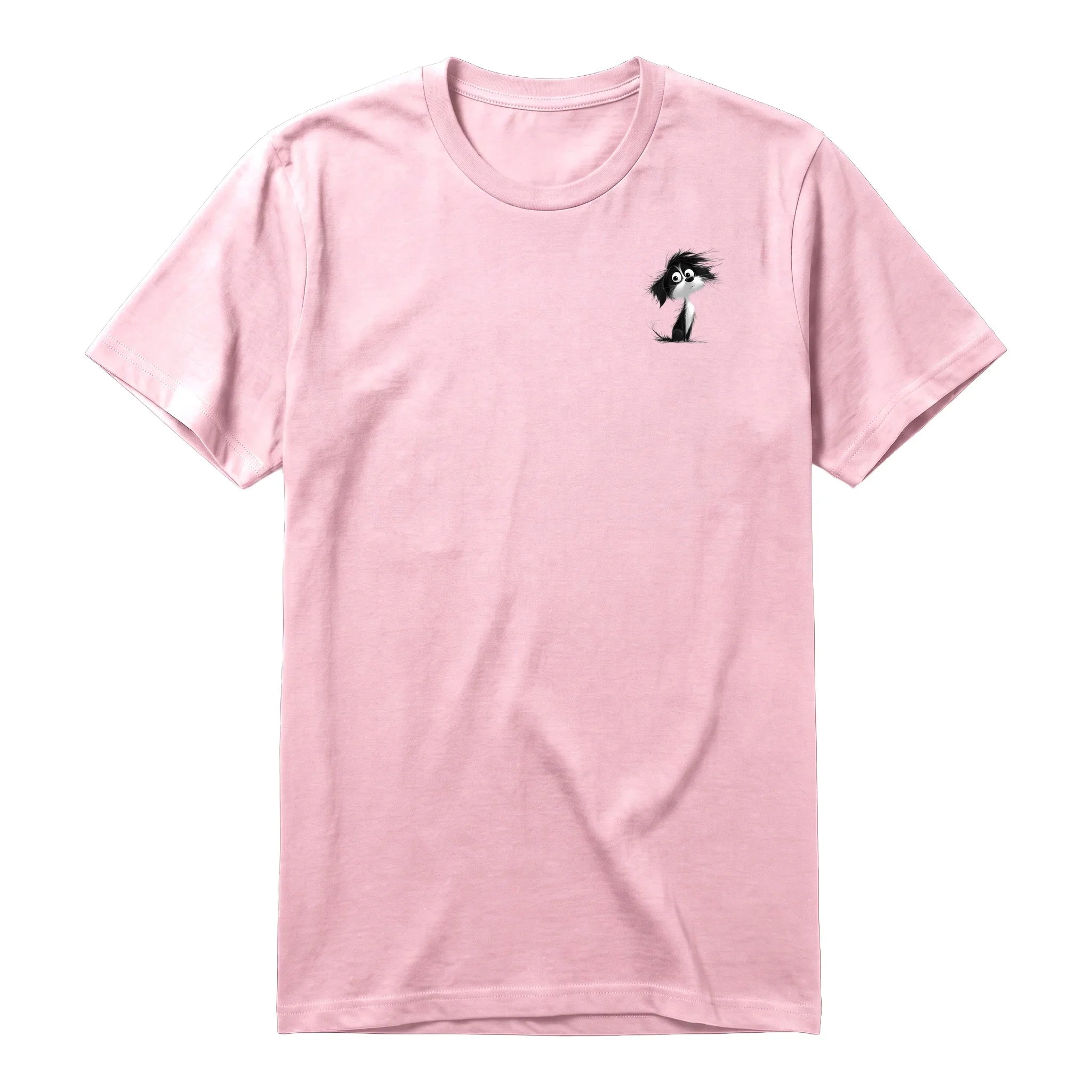 A pink short-sleeve crewneck t-shirt for adult featuring a graphic of a dog on the left chest.