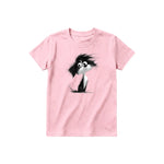 A pink short-sleeve crewneck t-shirt for youth featuring a graphic of a dog on the front.