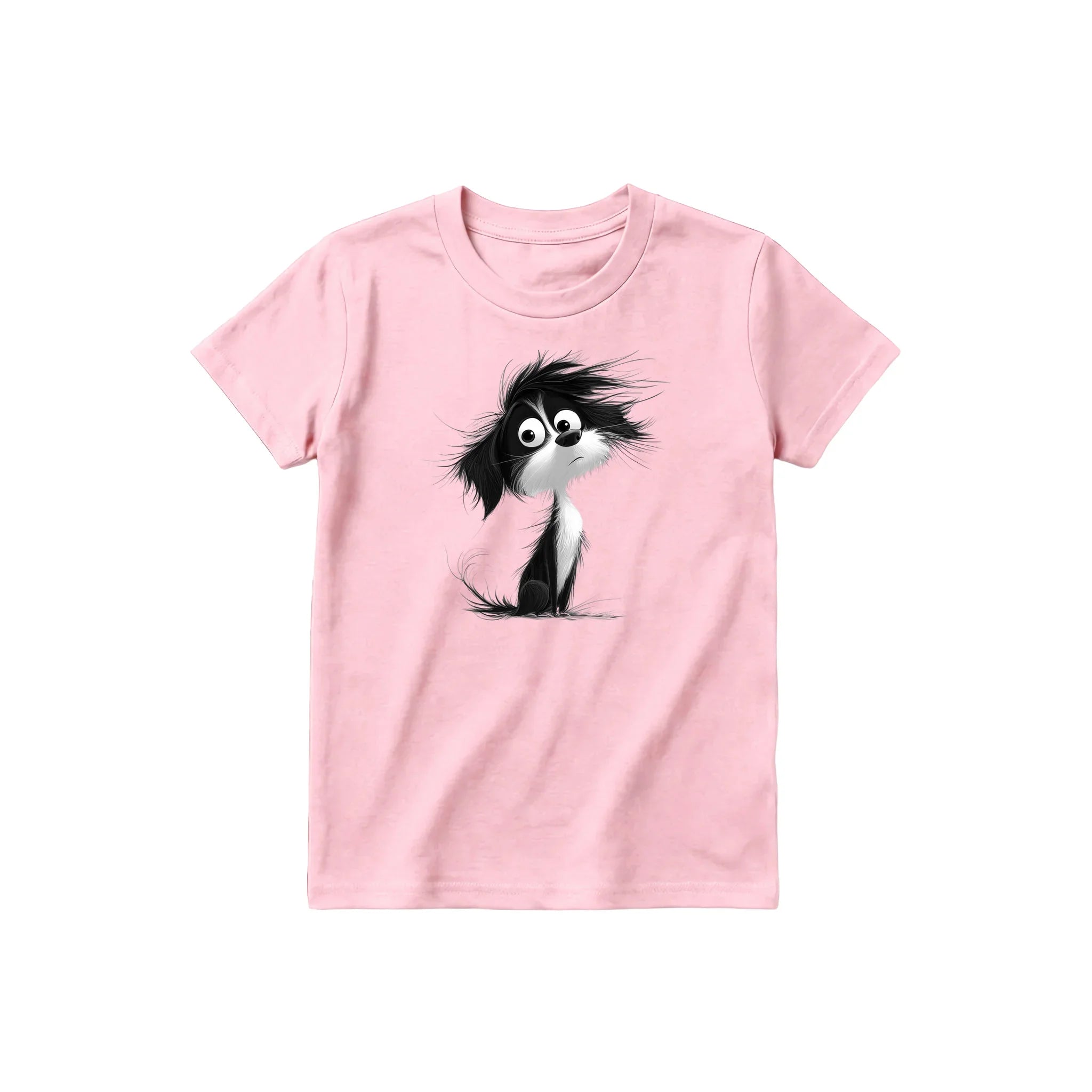 A pink short-sleeve crewneck t-shirt for youth featuring a graphic of a dog on the front.