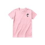 A pink short-sleeve crewneck t-shirt for youth featuring a graphic of a dog on the left chest.