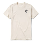 A vintage-white short-sleeve crewneck t-shirt for adult featuring a graphic of a dog on the left chest.