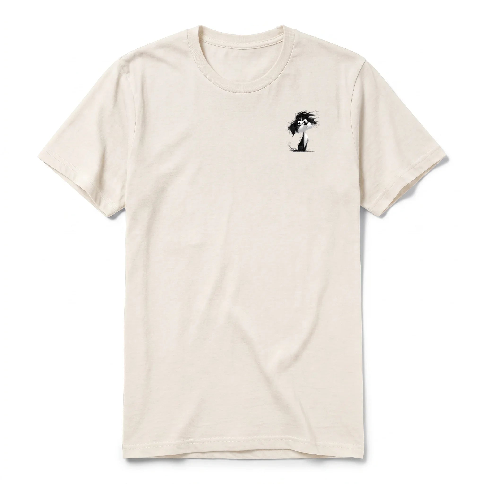 A vintage-white short-sleeve crewneck t-shirt for adult featuring a graphic of a dog on the left chest.