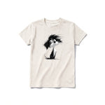 A vintage-white short-sleeve crewneck t-shirt for youth featuring a graphic of a dog on the front.