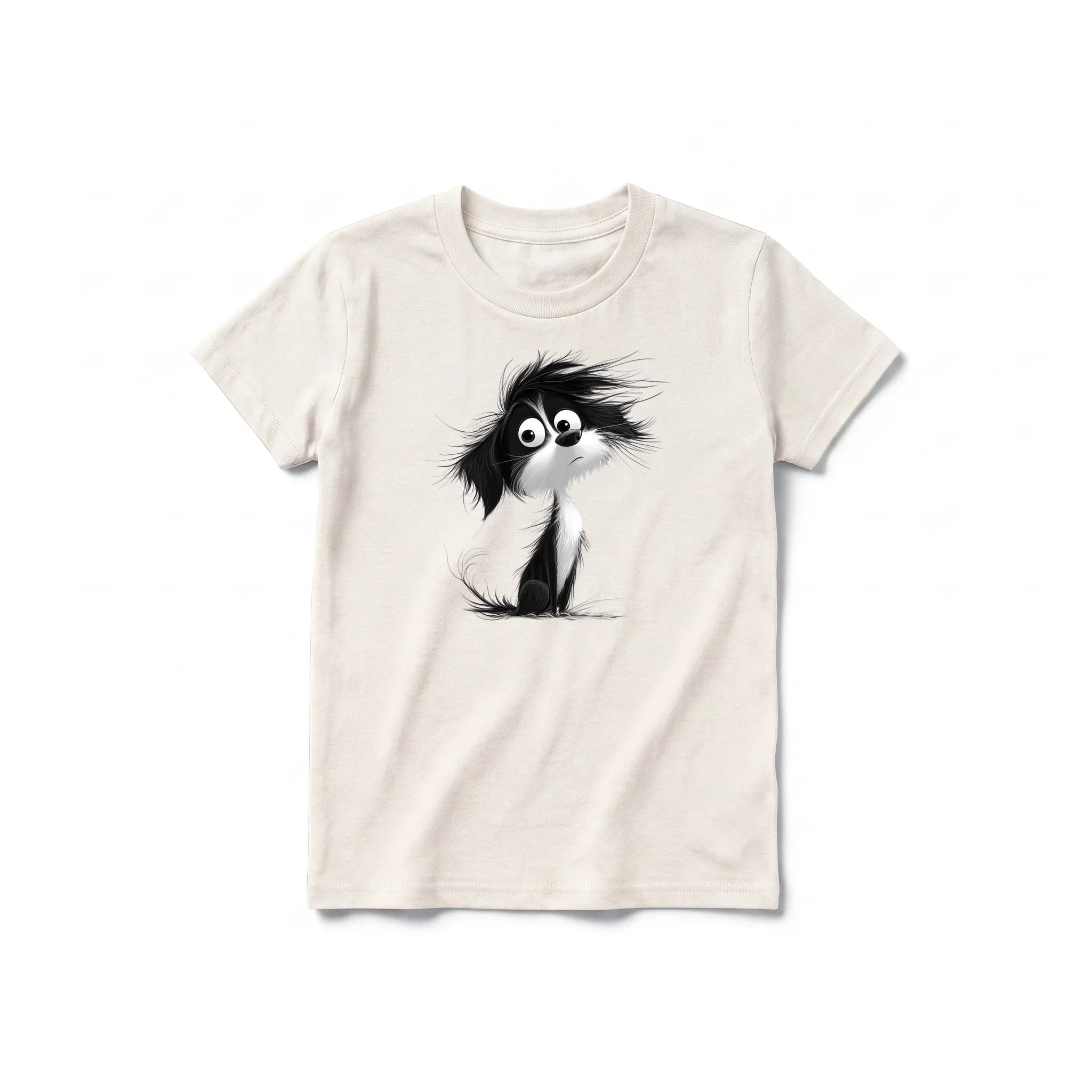 A vintage-white short-sleeve crewneck t-shirt for youth featuring a graphic of a dog on the front.