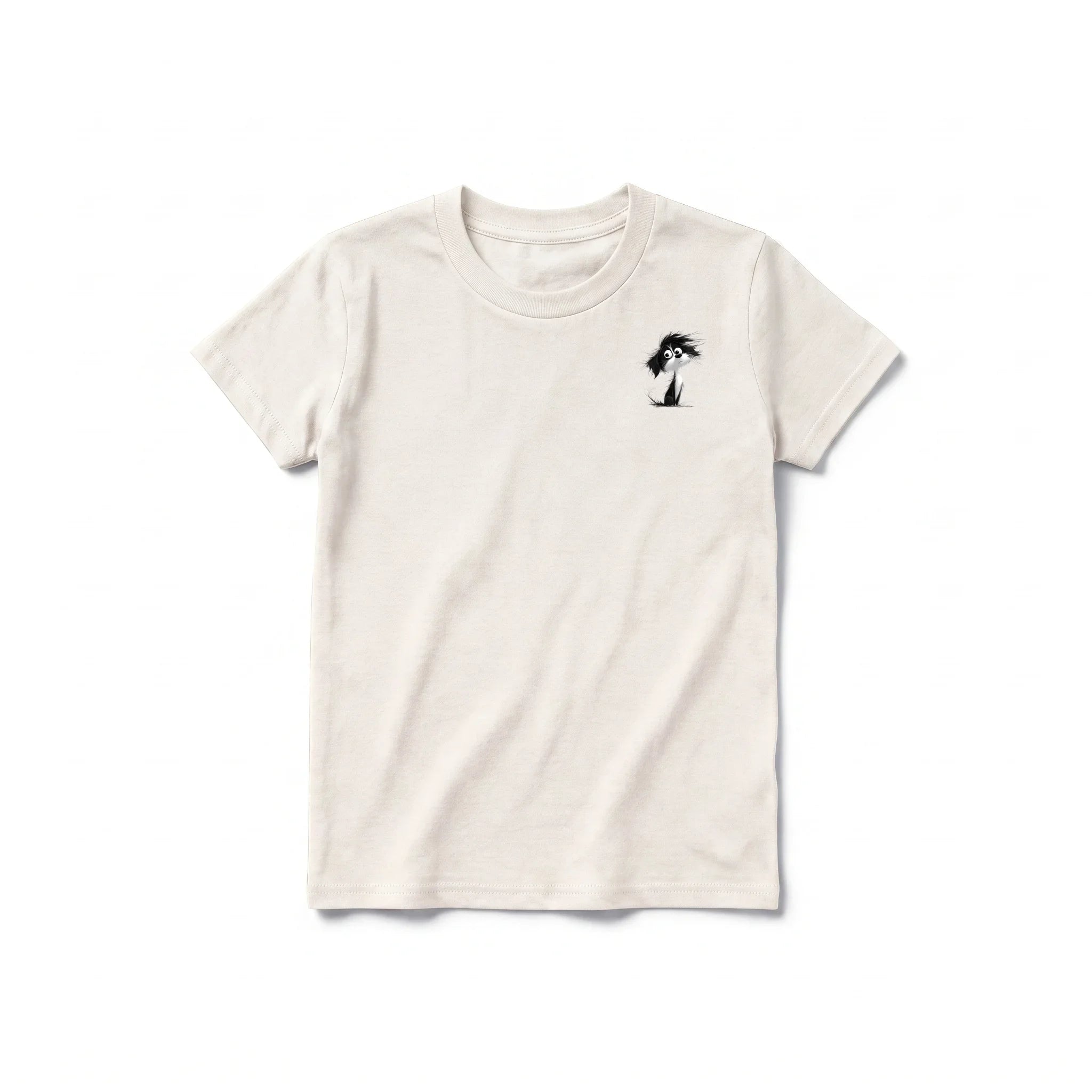 A vintage-white short-sleeve crewneck t-shirt for youth featuring a graphic of a dog on the left chest.