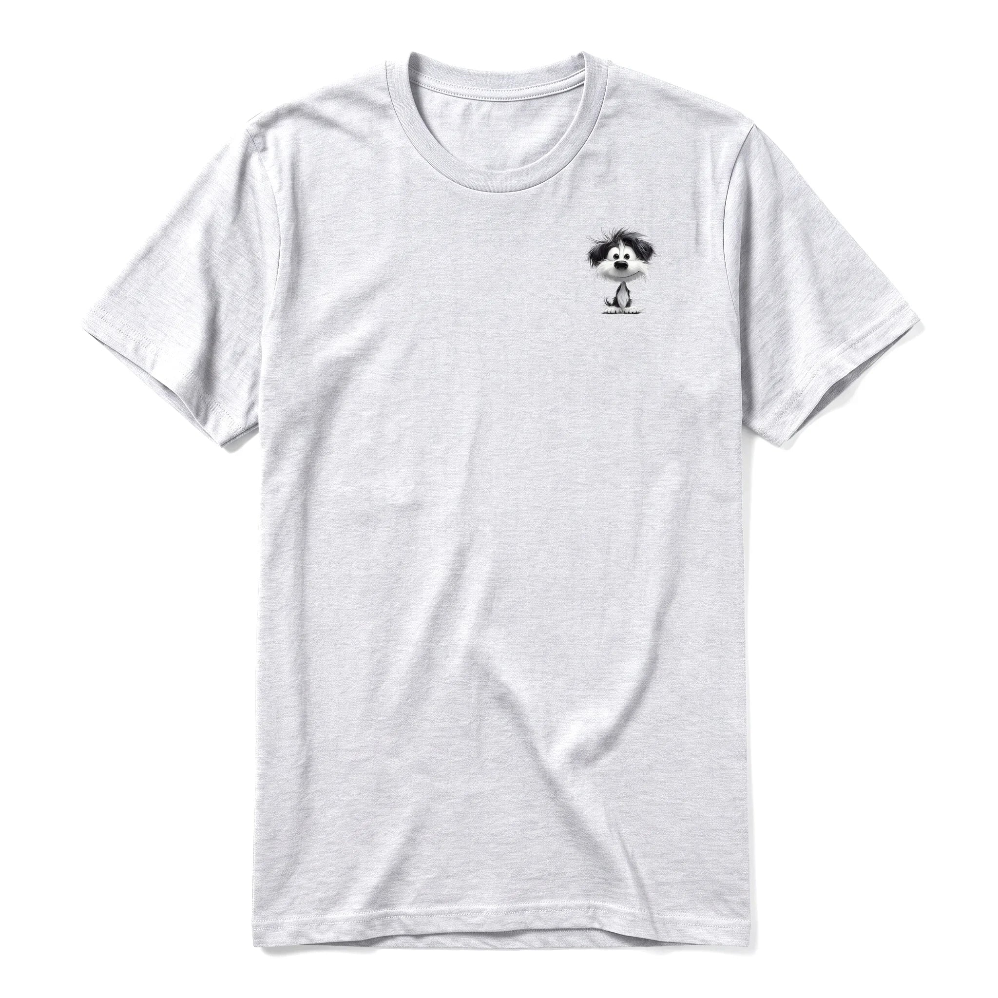 A ash grey short-sleeve crewneck t-shirt for adult featuring a graphic of a dog on the left chest.