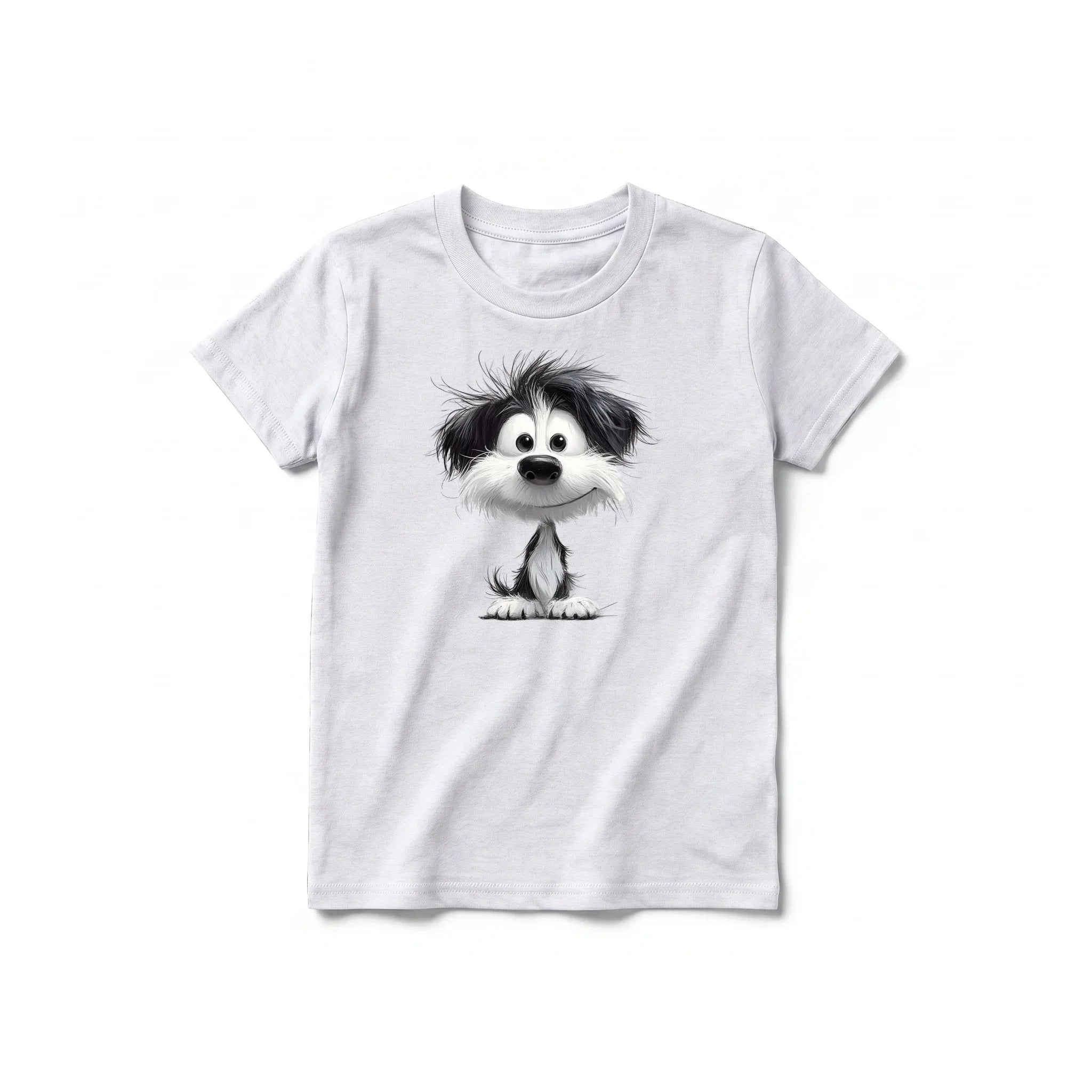 A ash grey short-sleeve crewneck t-shirt for youth featuring a graphic of a dog on the front.