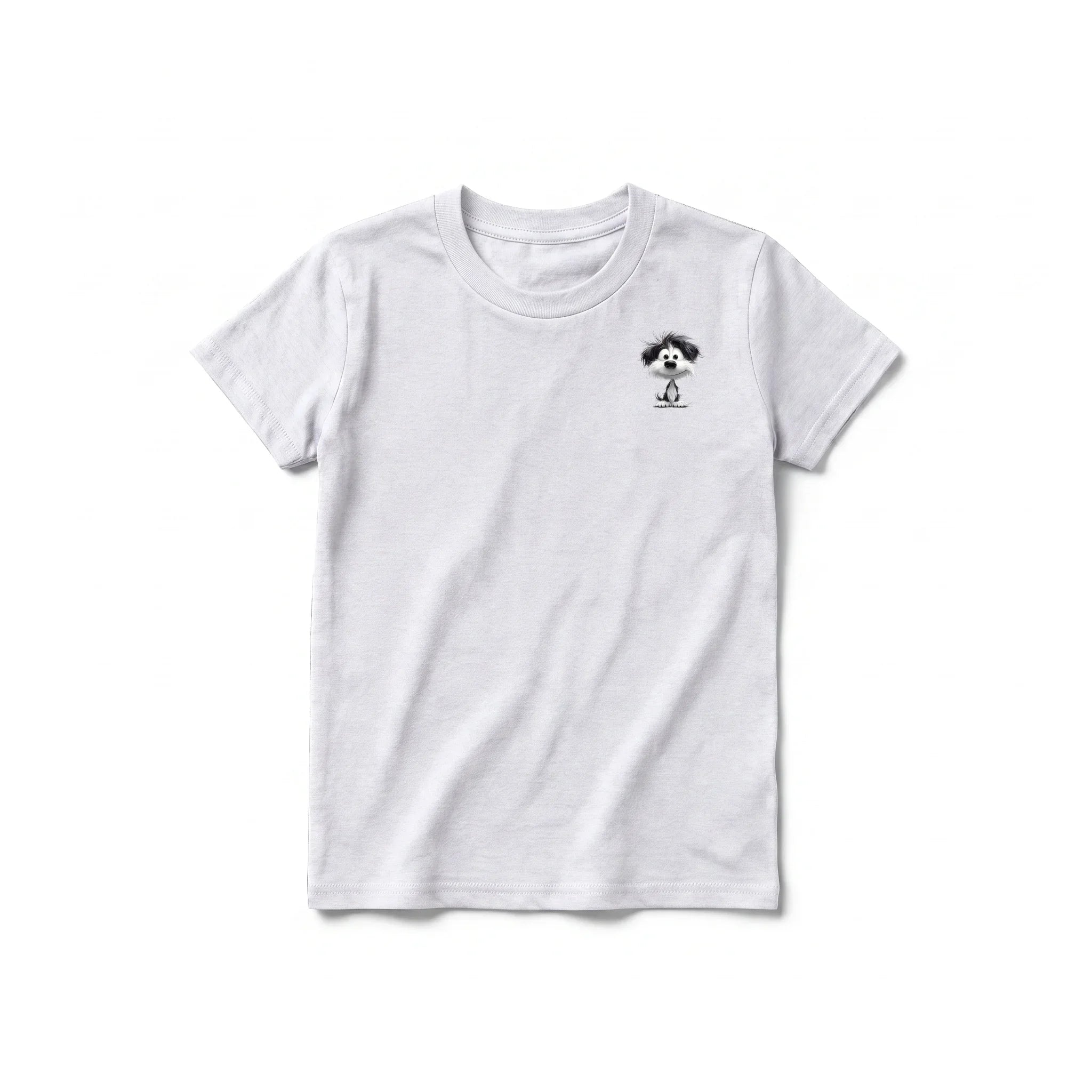 A ash grey short-sleeve crewneck t-shirt for youth featuring a graphic of a dog on the left chest.