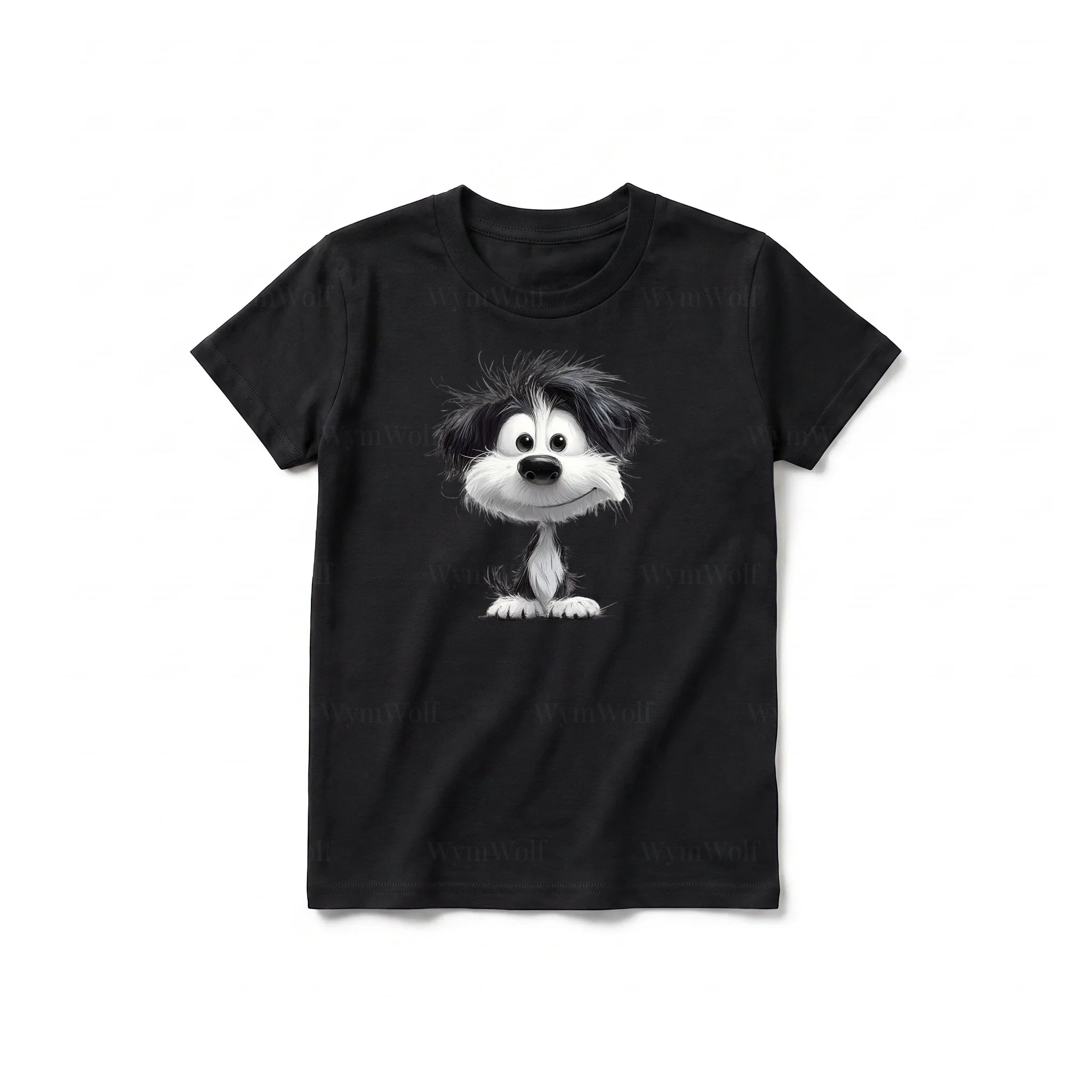 A black short-sleeve crewneck t-shirt for youth featuring a graphic of a dog on the front.