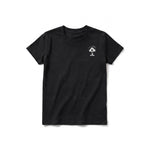 A black short-sleeve crewneck t-shirt for youth featuring a graphic of a dog on the left chest.