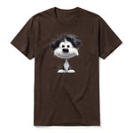 A chocolate short-sleeve crewneck t-shirt for adult featuring a graphic of a dog on the front.